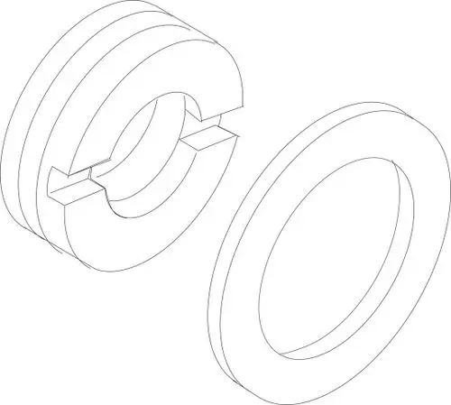 Drei zylindrische Teile mit einem durchgehenden und einem unterbrochenen Ringen, die möglicherweise zu einer Zünddüse von Bosch gehören. Technisches Design in Draufsicht.